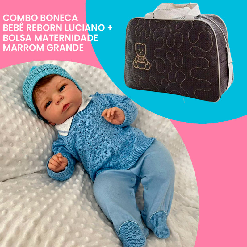 Combo Boneco Bebê Reborn Luciano+ Bolsa Maternidade Marrom Grande