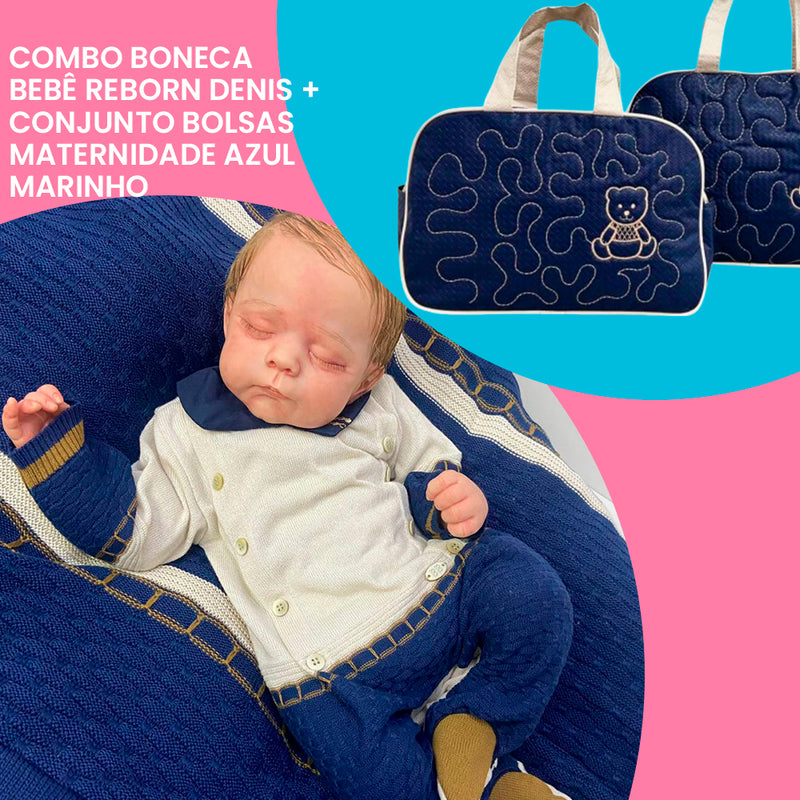 Combo Bebê Reborn Denis + Conjunto Bolsa Maternidade Azul Marinho