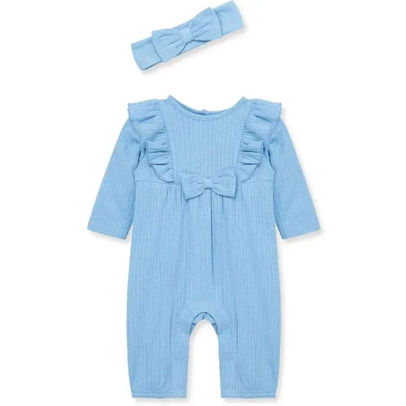 Little Me – Macacão e tiara de malha Pointelle azul para bebê menina